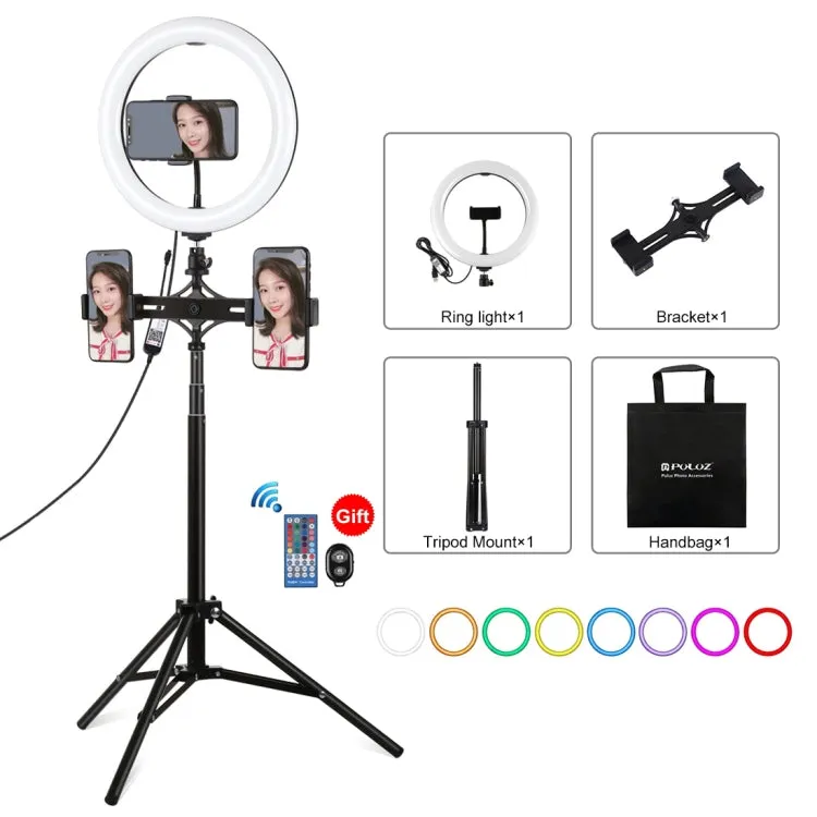 PULUZ 10.2 inch 26cm RGBW Light   1.65m Tripod Mount   Dual Phone Bracket Curved Surface USB RGBW Dimmable LED Ring Selfie Beauty Vlogging Video Light Live Broadcast Kits with Cold Shoe Tripod Ball Head & Phone Clamp & Remote Control
