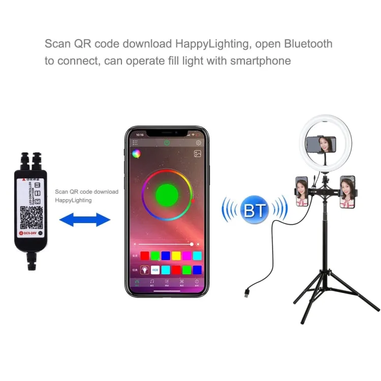 PULUZ 10.2 inch 26cm RGBW Light   1.65m Tripod Mount   Dual Phone Bracket Curved Surface USB RGBW Dimmable LED Ring Selfie Beauty Vlogging Video Light Live Broadcast Kits with Cold Shoe Tripod Ball Head & Phone Clamp & Remote Control