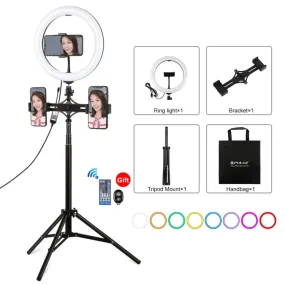PULUZ 10.2 inch 26cm RGBW Light   1.65m Tripod Mount   Dual Phone Bracket Curved Surface USB RGBW Dimmable LED Ring Selfie Beauty Vlogging Video Light Live Broadcast Kits with Cold Shoe Tripod Ball Head & Phone Clamp & Remote Control