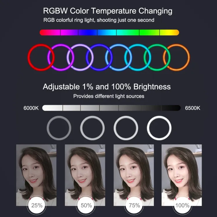 PULUZ 10.2 inch 26cm RGBW Light   1.65m Tripod Mount   Dual Phone Bracket Curved Surface USB RGBW Dimmable LED Ring Selfie Beauty Vlogging Video Light Live Broadcast Kits with Cold Shoe Tripod Ball Head & Phone Clamp & Remote Control
