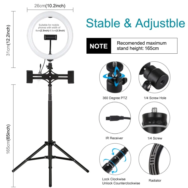 PULUZ 10.2 inch 26cm RGBW Light   1.65m Tripod Mount   Dual Phone Bracket Curved Surface USB RGBW Dimmable LED Ring Selfie Beauty Vlogging Video Light Live Broadcast Kits with Cold Shoe Tripod Ball Head & Phone Clamp & Remote Control