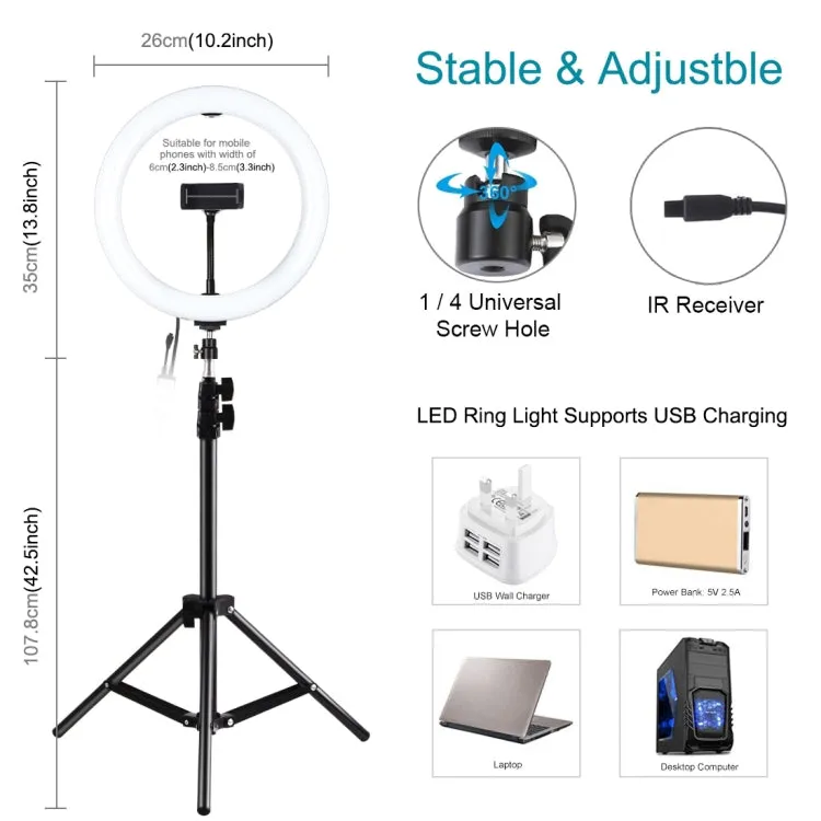 PULUZ 1.1m Tripod Mount   10.2 inch 26cm RGBW LED Ring Vlogging Video Light  Live Broadcast Kits with Remote Control & Cold Shoe Tripod Ball Head & Phone Clamp