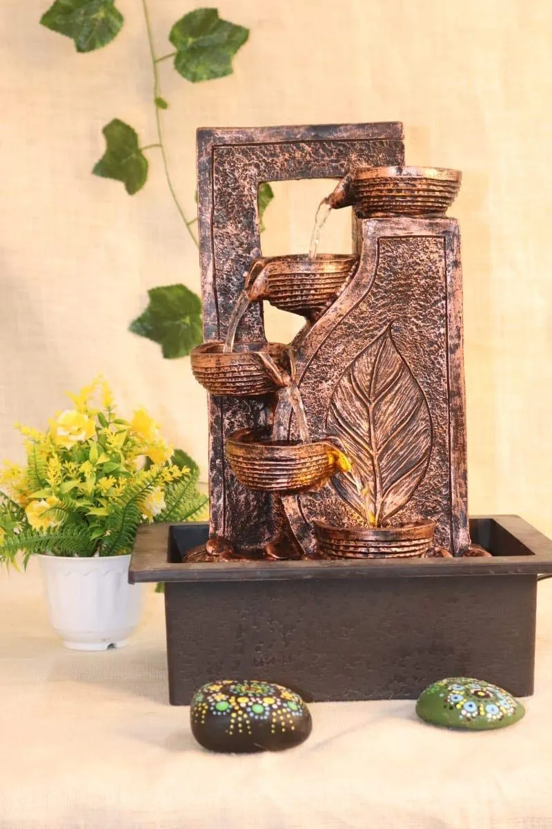 Raj gharana Arts and Crafts Polyfiber Water Fountain ( Brown) Table Top Indoor Outdoor Water Fall Fountain with Led Lights for Home and Office Decoration Or Gifting