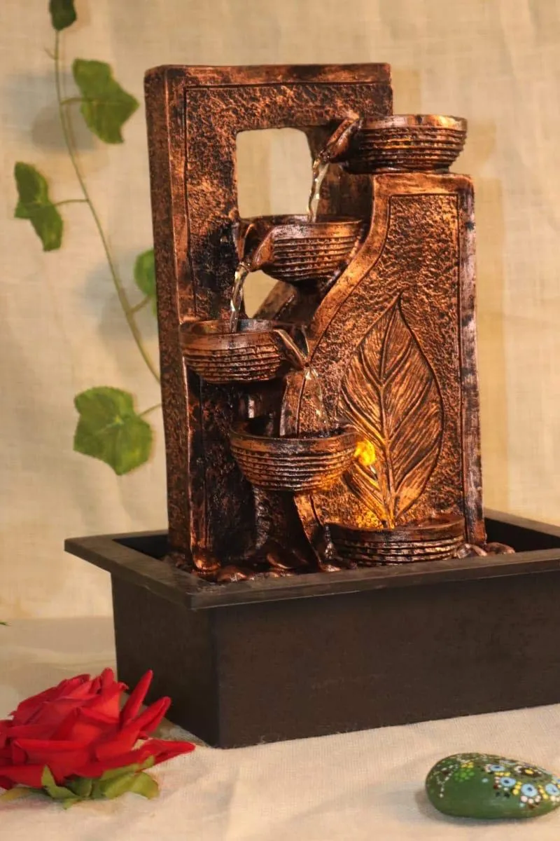 Raj gharana Arts and Crafts Polyfiber Water Fountain ( Brown) Table Top Indoor Outdoor Water Fall Fountain with Led Lights for Home and Office Decoration Or Gifting