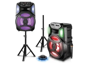 Rechargeable Pair of Wireless 12" Bluetooth LED Speaker Package with Wireless Mic & Party Light