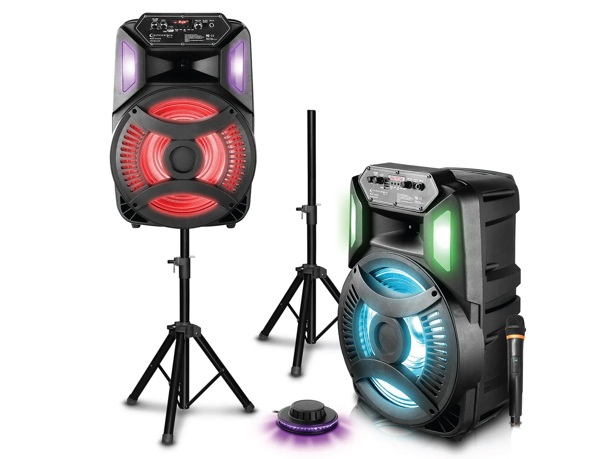 Rechargeable Pair of Wireless 12" Bluetooth LED Speaker Package with Wireless Mic & Party Light