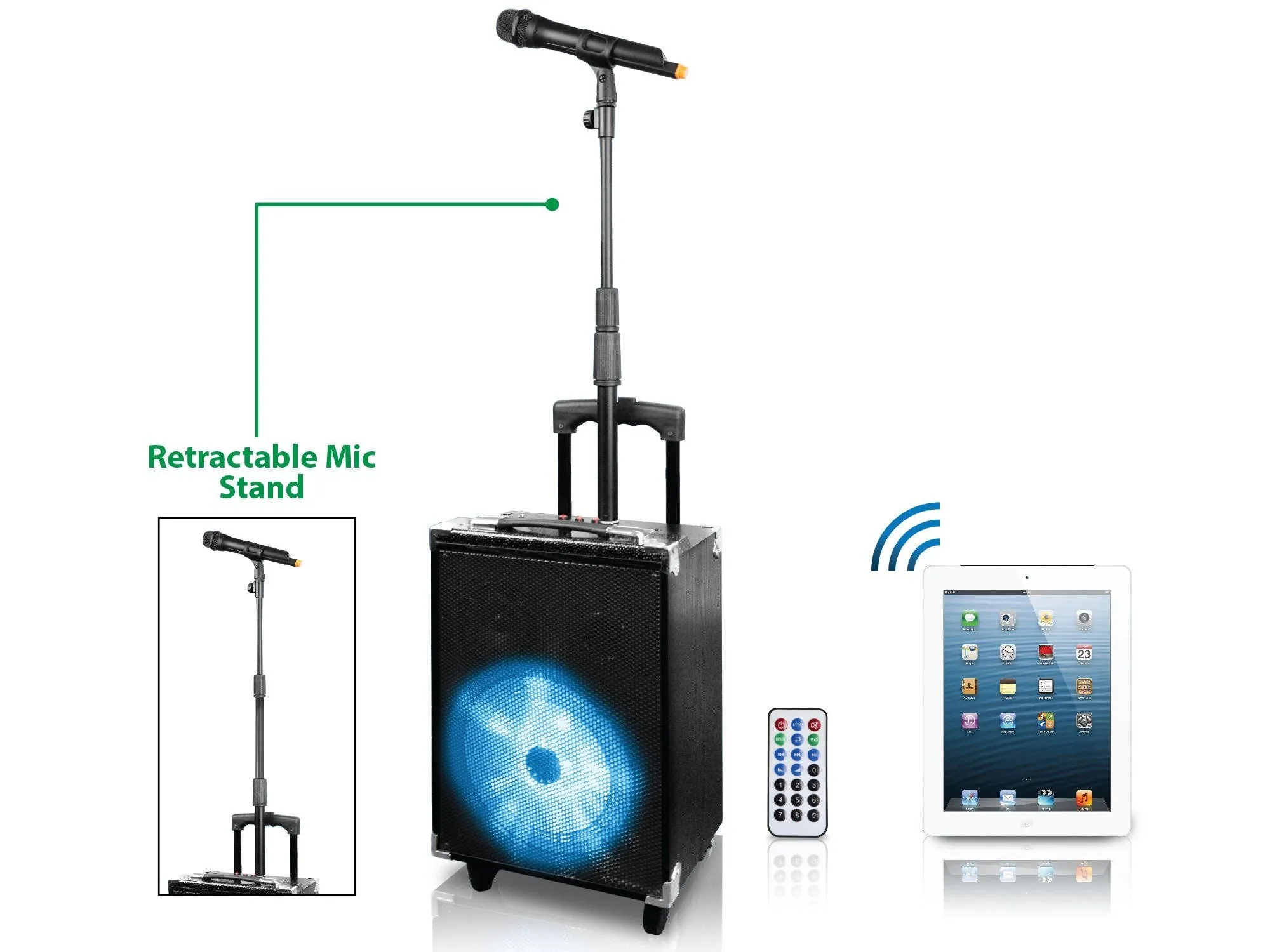 Rechargeable Portable Bluetooth® Speaker with Retractable Mic Stand