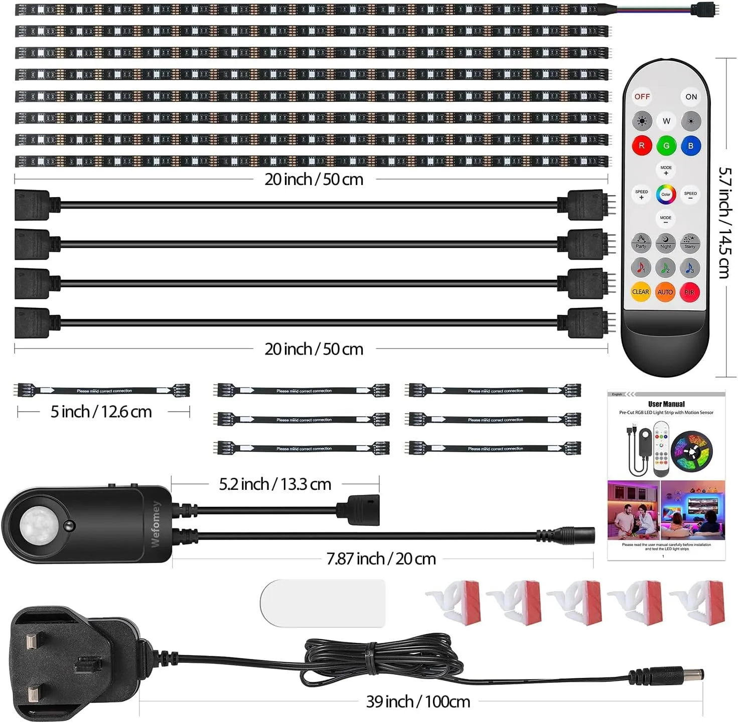 RGB Under Cabinet Strip Lights Kit, 8PCS*50cm Motion Sensor LED Strip Lights with Remote, 12V Flexible LED Lighting Strips for Kitchen, Shelf, Cupboard, TV, Desk