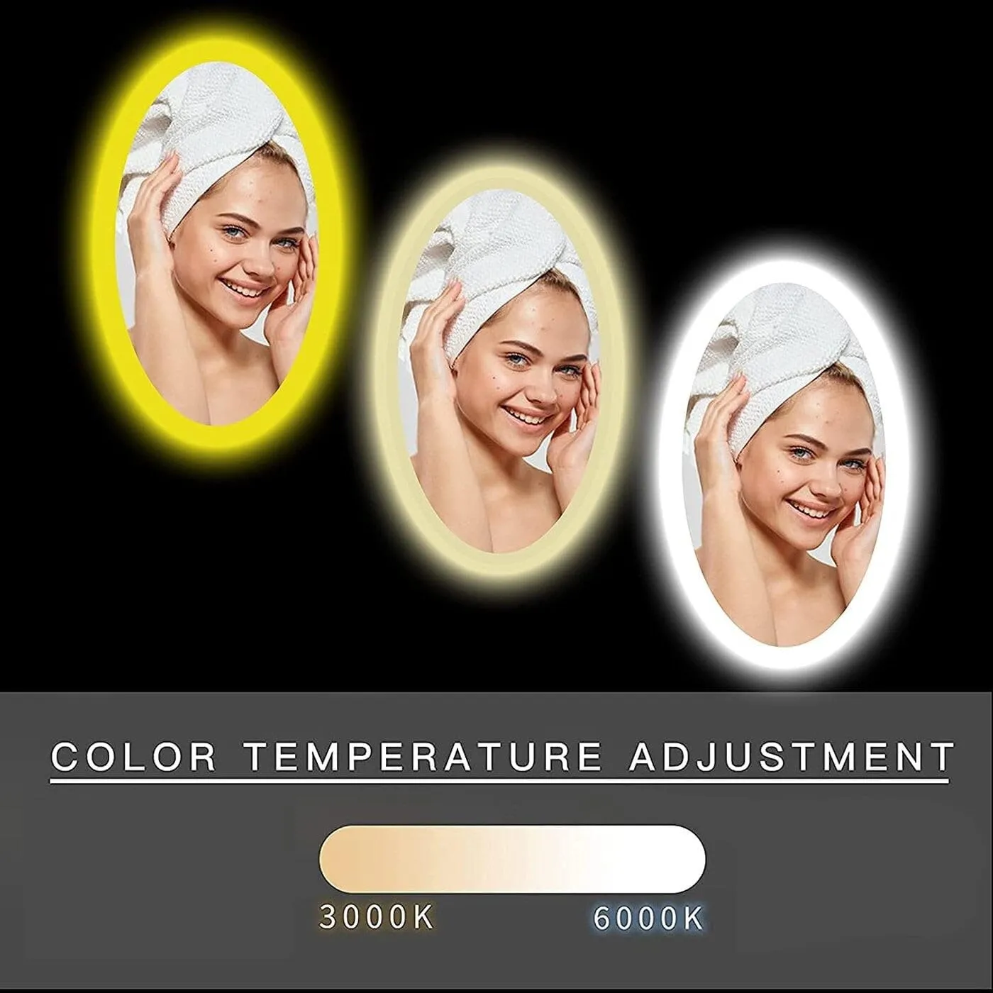 Round LED Mirror Wall Mirror with Touch Sensor, 3 LED Lights, White/Warm/Warm White, for Bathroom, Wash Basin, Living Room