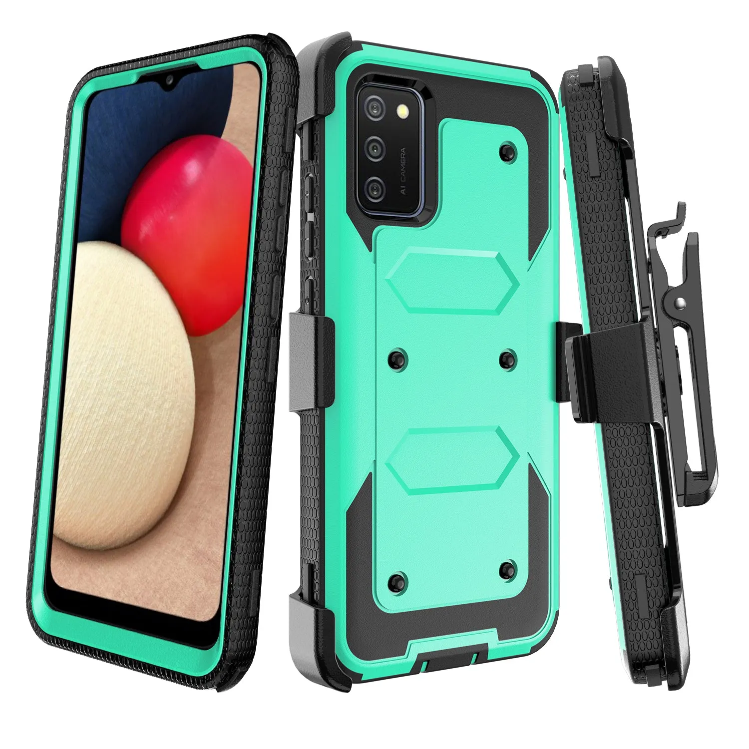 Samsung Galaxy A02s Case, Galaxy A02s Case, Triple Protection 3-1 w/ Built in Screen Protector Heavy Duty Holster Shell Combo Case - Teal