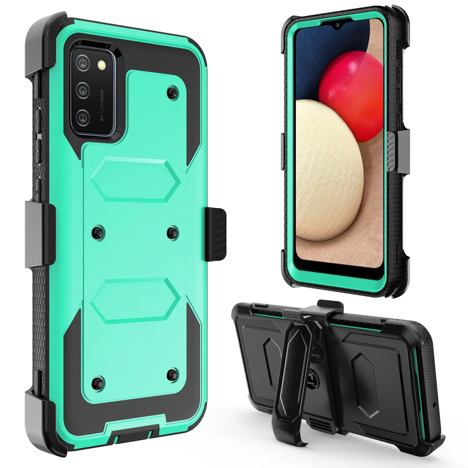 Samsung Galaxy A02s Case, Galaxy A02s Case, Triple Protection 3-1 w/ Built in Screen Protector Heavy Duty Holster Shell Combo Case - Teal