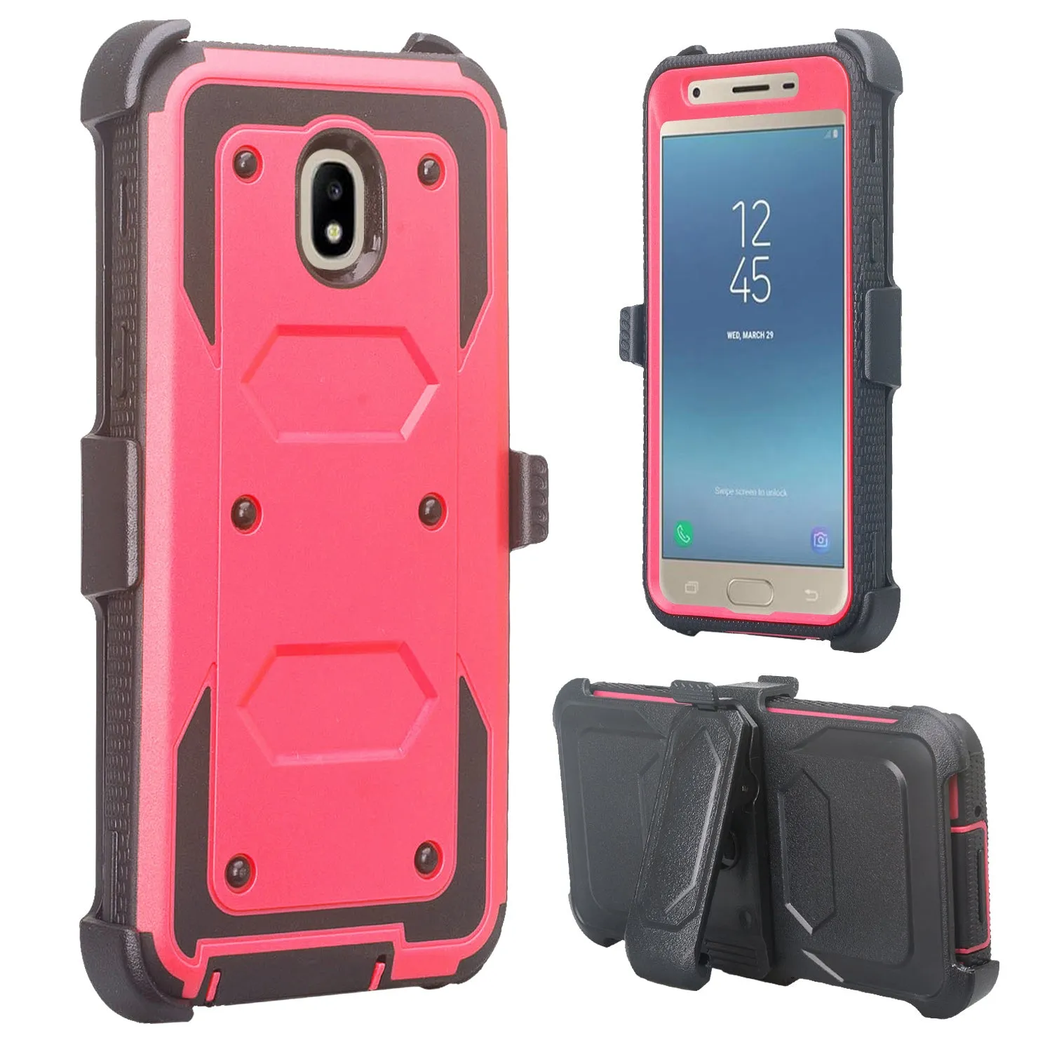 Samsung Galaxy J3 2018/Express Prime 3/Amp Prime 3/J3 Achieve/J3 Star/J3 Top/J3 Achieve/J3 Orbit/J3 V 3rd Gen/J3 Aura/Sol 3 Case, Triple Protection 3-1 w/ Built in Screen Protector Heavy Duty Holster Shell Combo Cover - Hot Pink