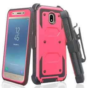 Samsung Galaxy J3 2018/Express Prime 3/Amp Prime 3/J3 Achieve/J3 Star/J3 Top/J3 Achieve/J3 Orbit/J3 V 3rd Gen/J3 Aura/Sol 3 Case, Triple Protection 3-1 w/ Built in Screen Protector Heavy Duty Holster Shell Combo Cover - Hot Pink