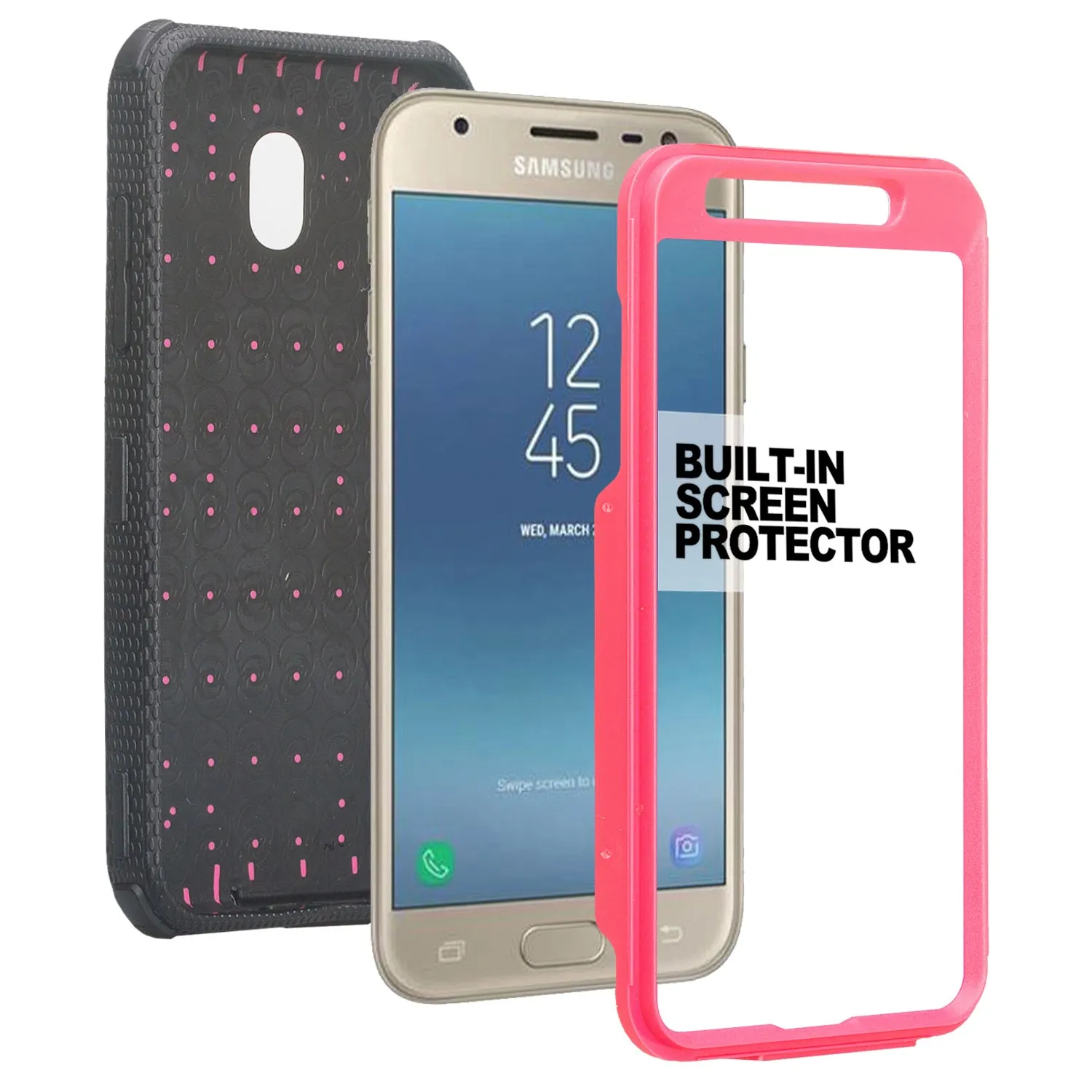 Samsung Galaxy J3 2018/Express Prime 3/Amp Prime 3/J3 Achieve/J3 Star/J3 Top/J3 Achieve/J3 Orbit/J3 V 3rd Gen/J3 Aura/Sol 3 Case, Triple Protection 3-1 w/ Built in Screen Protector Heavy Duty Holster Shell Combo Cover - Hot Pink