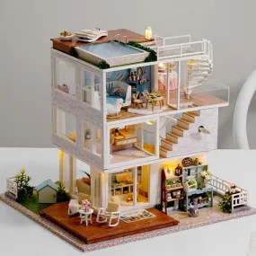 Simple Life Miniature Villa Three Floor Dollhouse with Furniture, DIY Large Dollhouse Kit With Furniture Pink Creative Room Idea