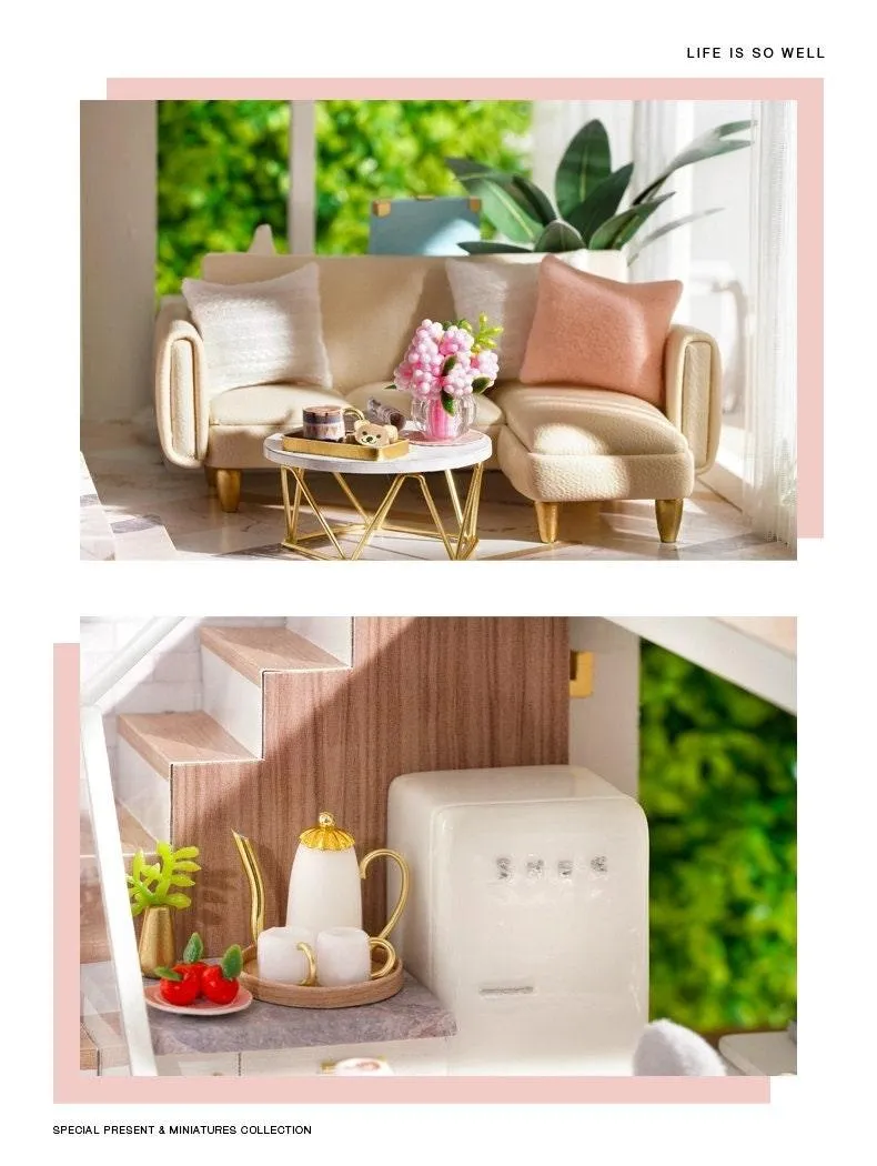 Simple Life Miniature Villa Three Floor Dollhouse with Furniture, DIY Large Dollhouse Kit With Furniture Pink Creative Room Idea