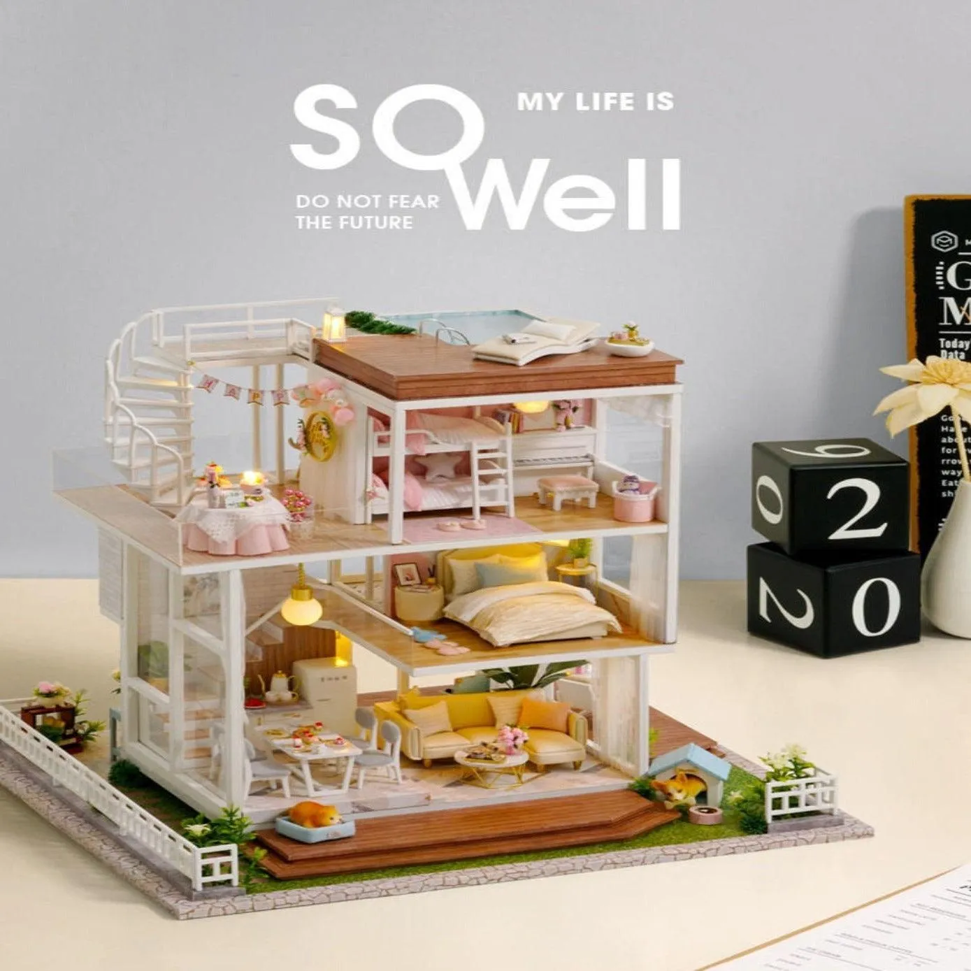 Simple Life Miniature Villa Three Floor Dollhouse with Furniture, DIY Large Dollhouse Kit With Furniture Pink Creative Room Idea
