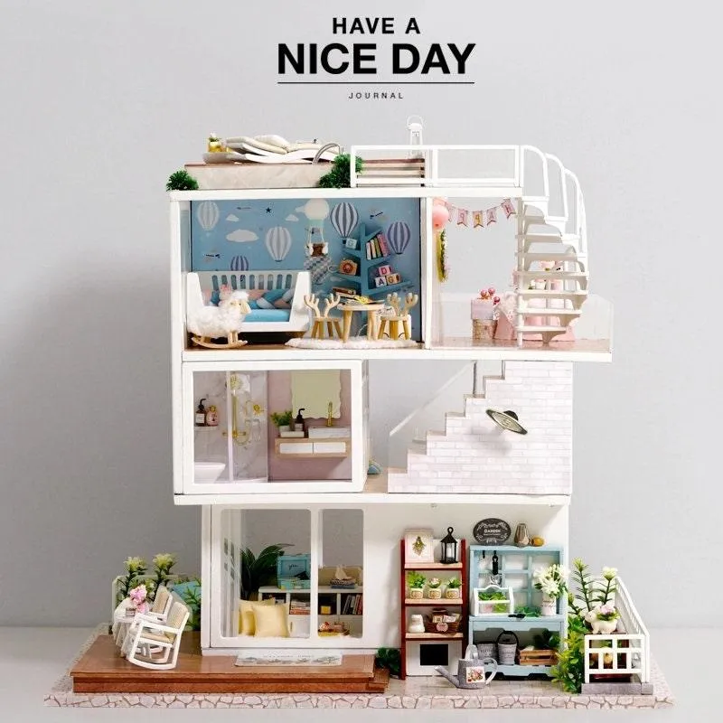 Simple Life Miniature Villa Three Floor Dollhouse with Furniture, DIY Large Dollhouse Kit With Furniture Pink Creative Room Idea