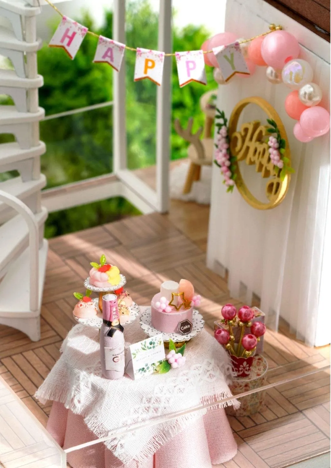 Simple Life Miniature Villa Three Floor Dollhouse with Furniture, DIY Large Dollhouse Kit With Furniture Pink Creative Room Idea