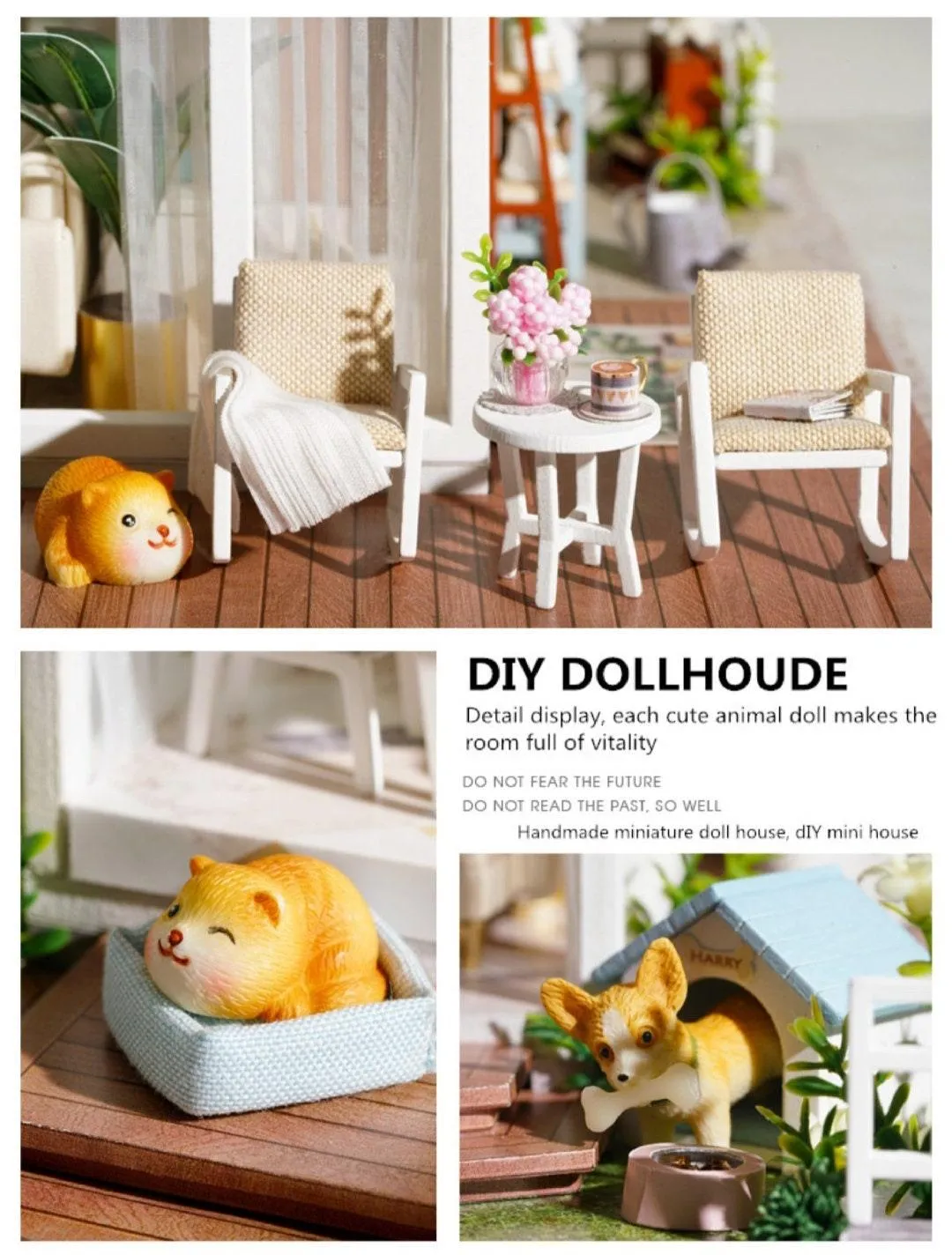 Simple Life Miniature Villa Three Floor Dollhouse with Furniture, DIY Large Dollhouse Kit With Furniture Pink Creative Room Idea