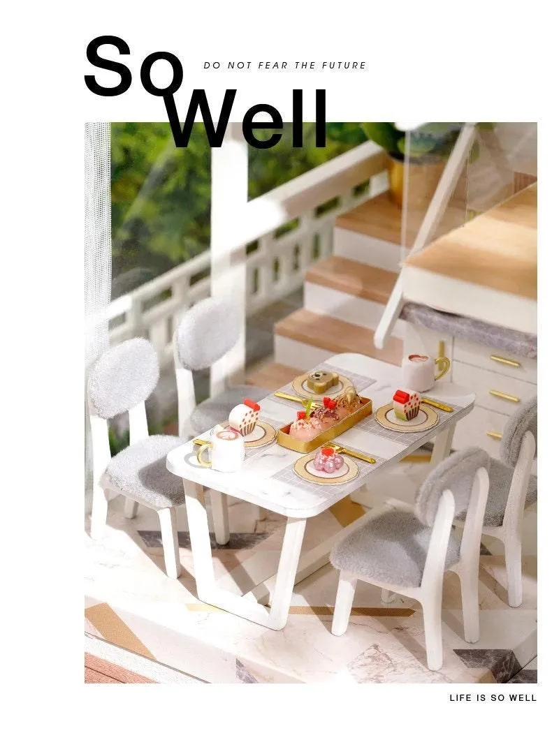 Simple Life Miniature Villa Three Floor Dollhouse with Furniture, DIY Large Dollhouse Kit With Furniture Pink Creative Room Idea