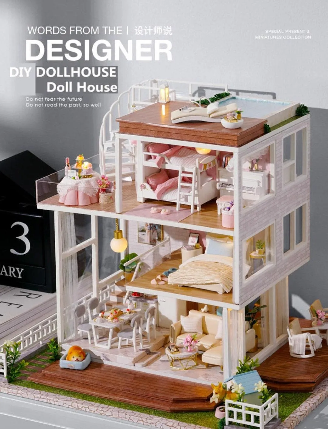 Simple Life Miniature Villa Three Floor Dollhouse with Furniture, DIY Large Dollhouse Kit With Furniture Pink Creative Room Idea