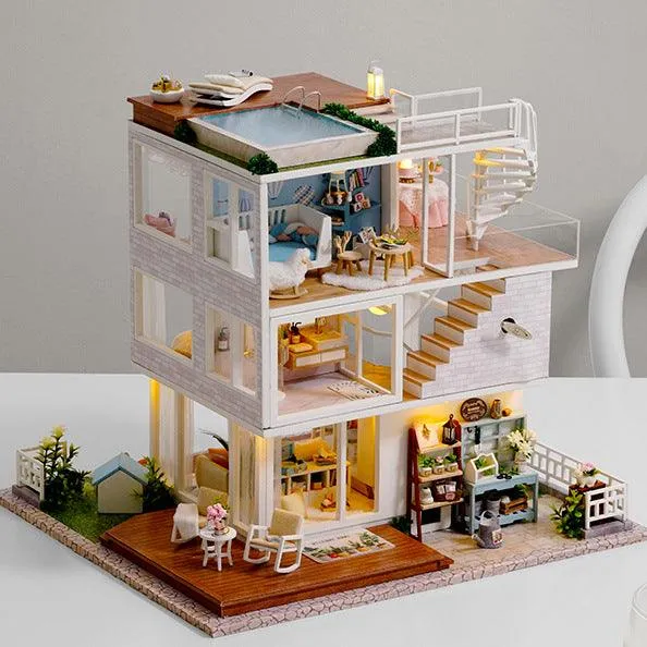 Simple Life Miniature Villa Three Floor Dollhouse with Furniture, DIY Large Dollhouse Kit With Furniture Pink Creative Room Idea