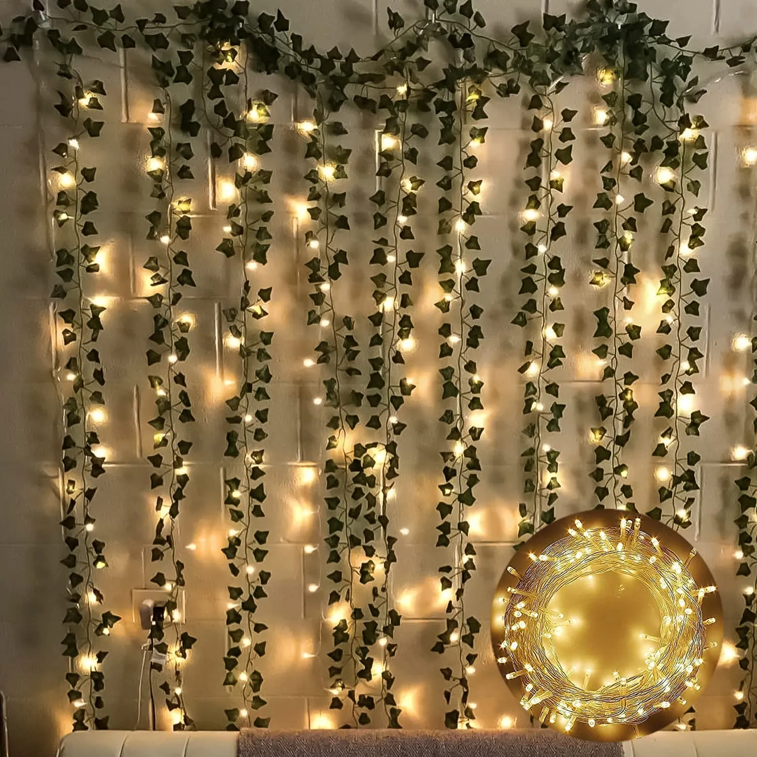 SpecialYou Aesthetic Room Decoration Items with Artificial Green Vines and Fairy LED Light for Diwali, Wall Decor, Balcony Decor, Bedroom Decor backdrop for photo(6 Green Vines & 1 LED Light)- 7pcs
