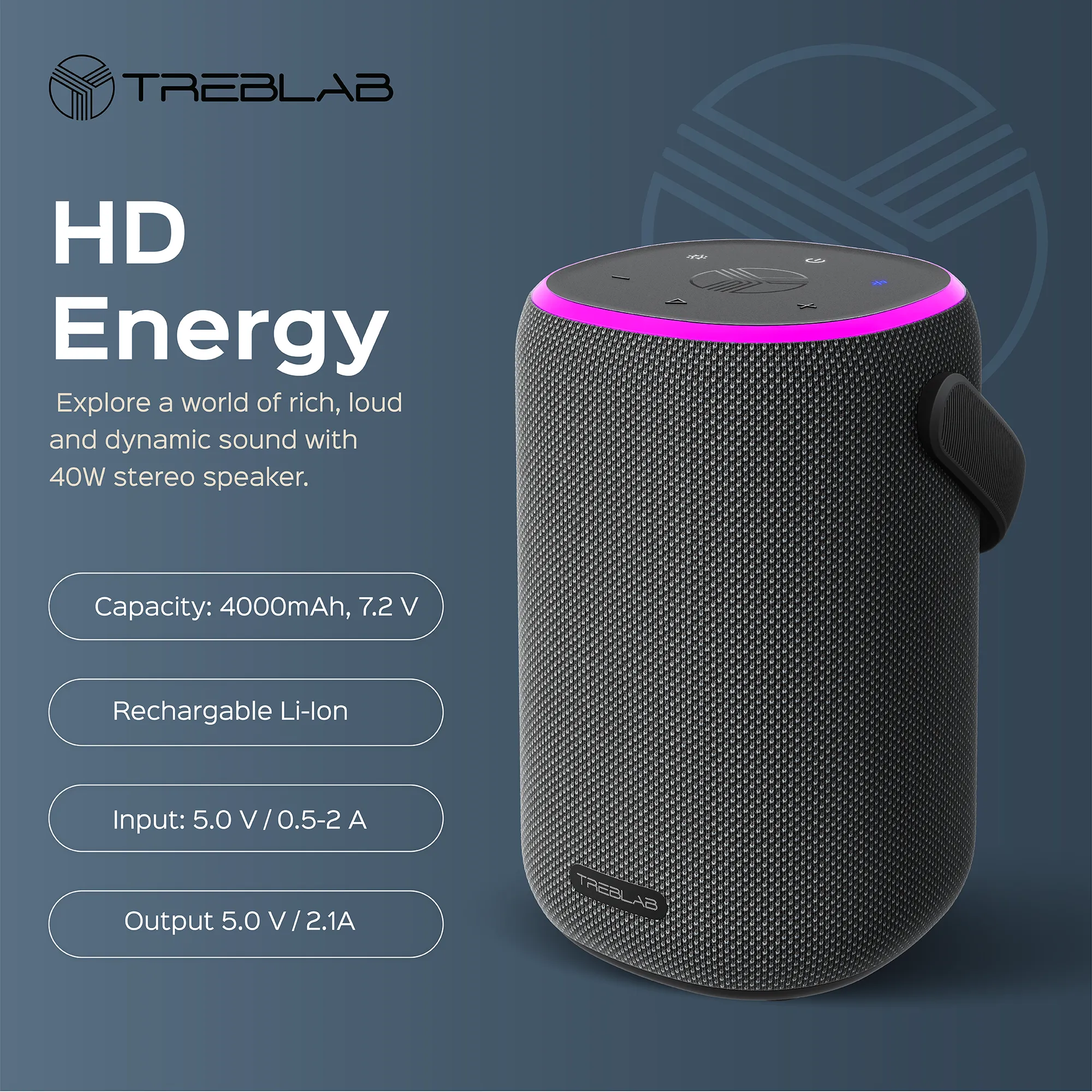 Premium TREBLAB HD-Energy Bluetooth Speaker - Powerful Sound, Long Battery Life, Portable Design