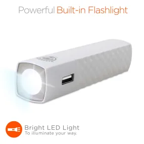 UNIVERSAL WHITE 2600 MAH BACK UP POWER BANK BATTERY (1 Amp Output) WITH BUILT IN FLASH LIGHT.