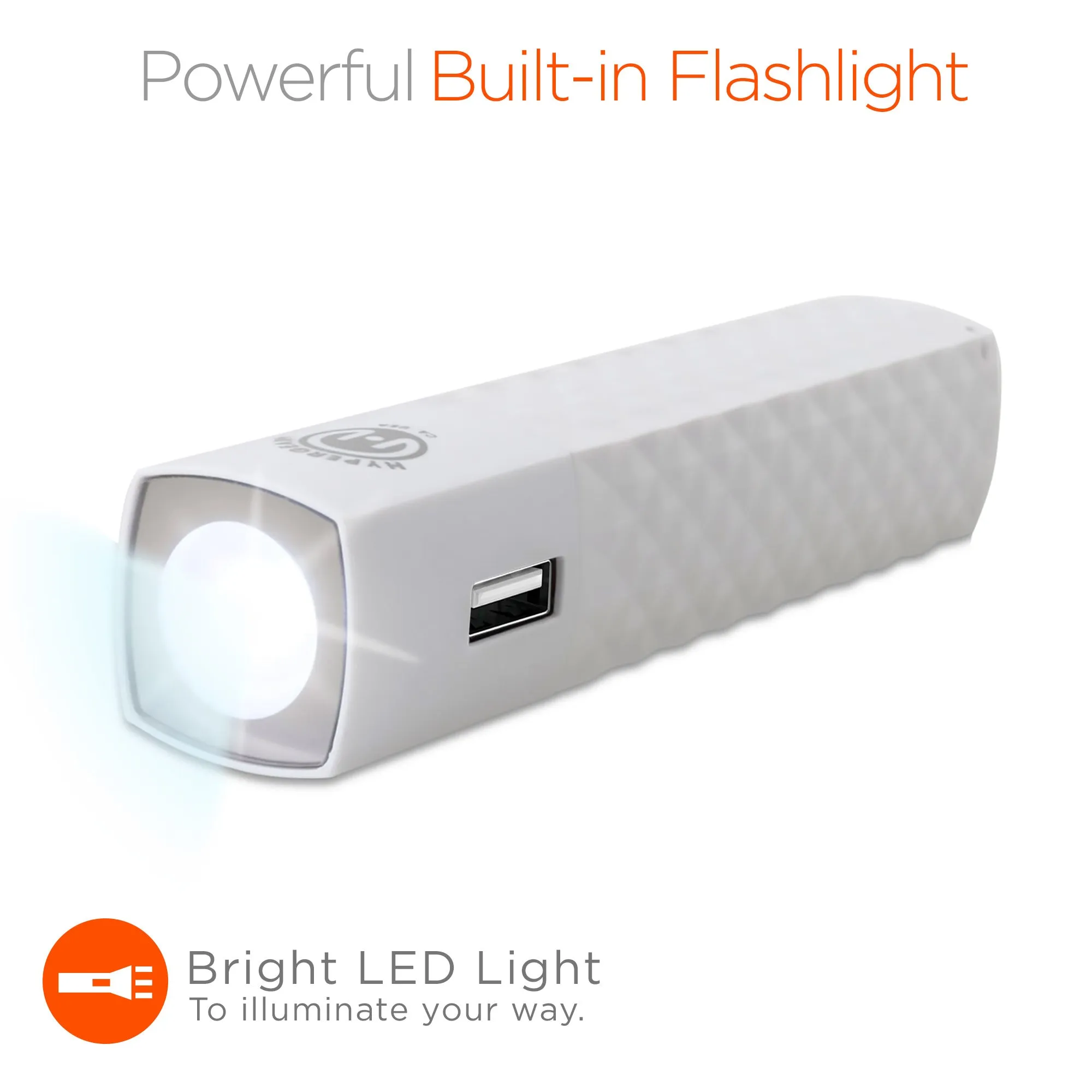 UNIVERSAL WHITE 2600 MAH BACK UP POWER BANK BATTERY (1 Amp Output) WITH BUILT IN FLASH LIGHT.