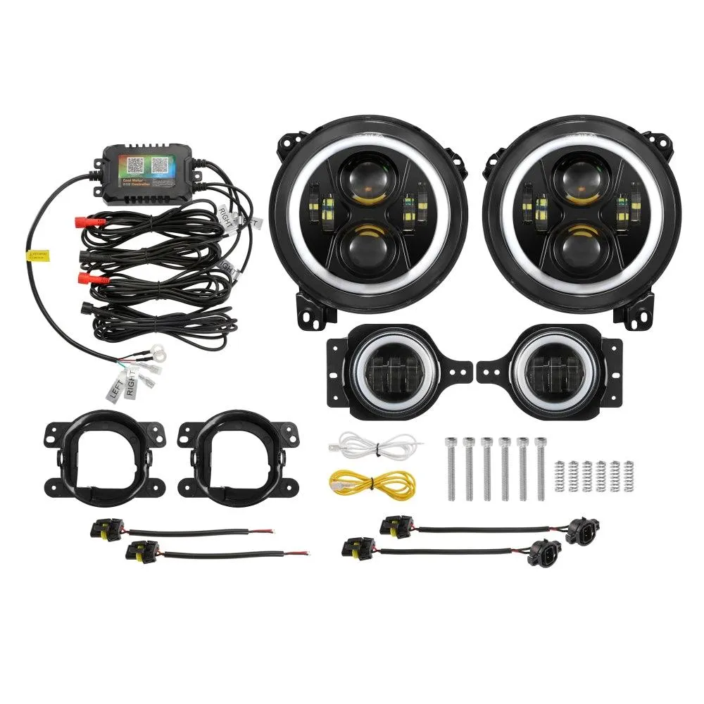 Upgraded RGB 9 Inch Headlights   4 Inch Fog Lights Combo for Jeep Wrangler JL with APP Control