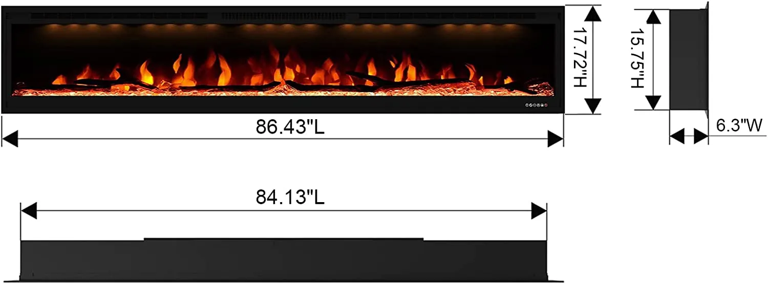 Valuxhome BI84 84 in. 750/1500W Recessed and Wall Mounted Electric Fireplace with Remote with LED Lights Log set and Crystals Black New