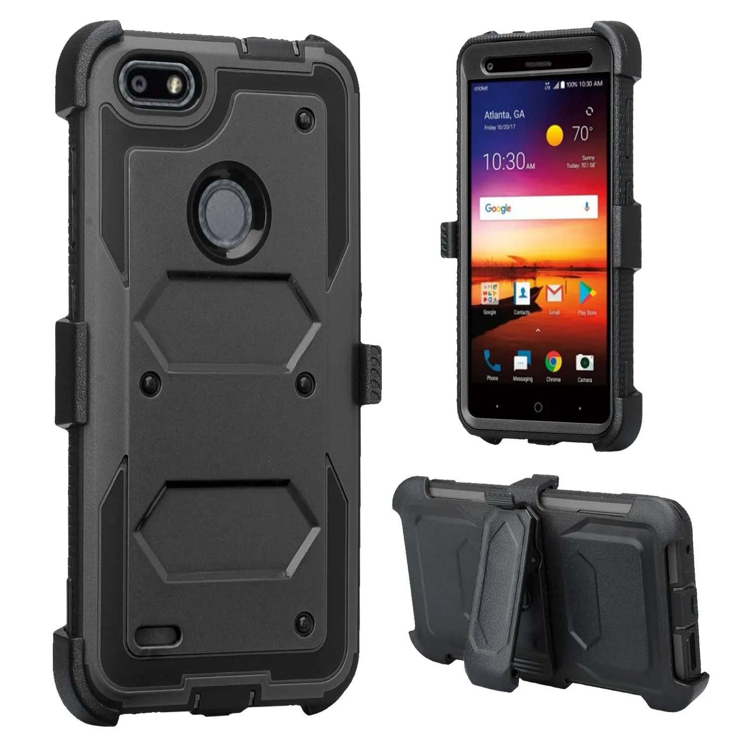 ZTE Blade Force Case, ZTE N9517 Case, Triple Protection 3-1 w/ Built in Screen Protector Heavy Duty Holster Shell Combo Case Cover - Black