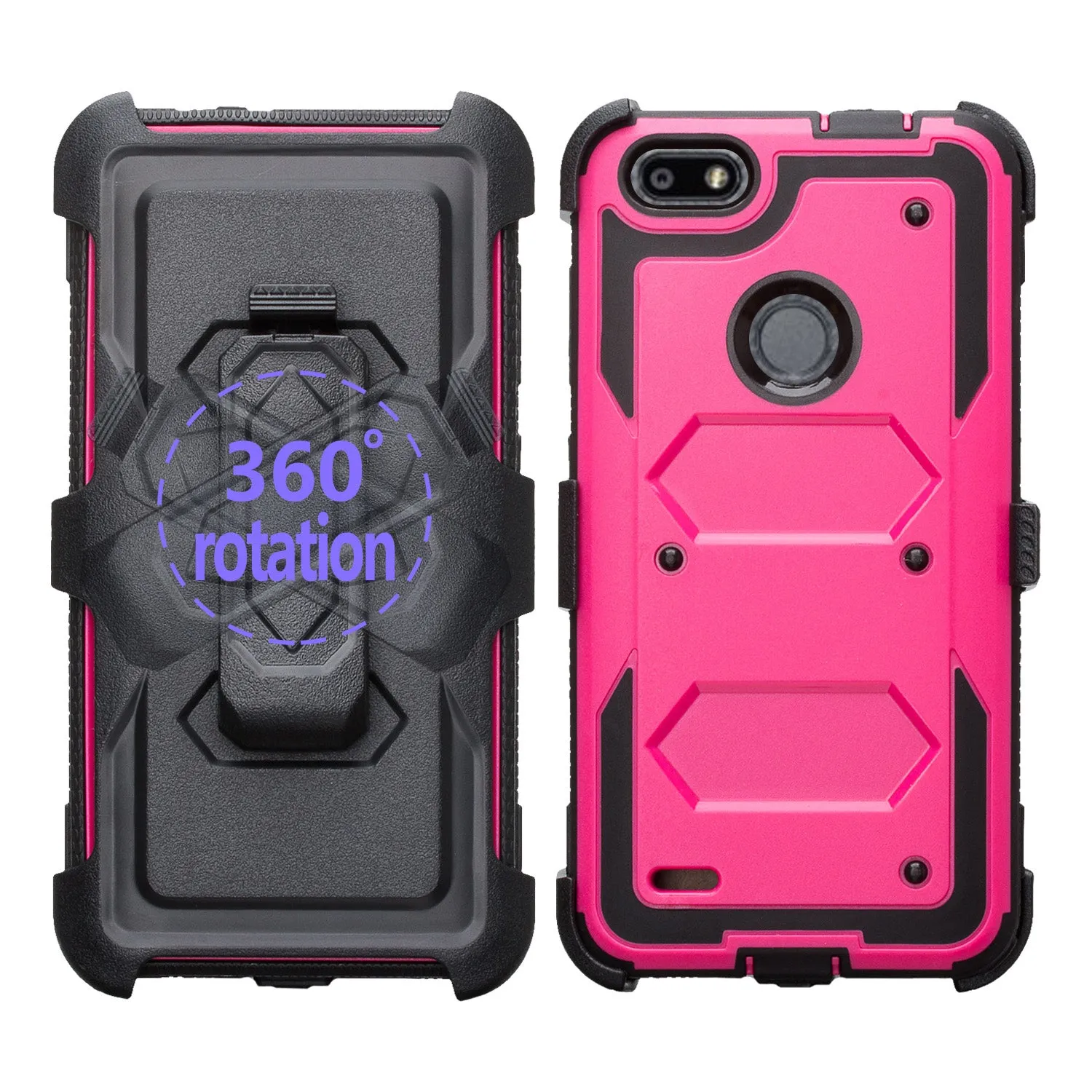 ZTE Blade Force Case, ZTE N9517 Case, Triple Protection 3-1 w/ Built in Screen Protector Heavy Duty Holster Shell Combo Case Cover - Hot Pink