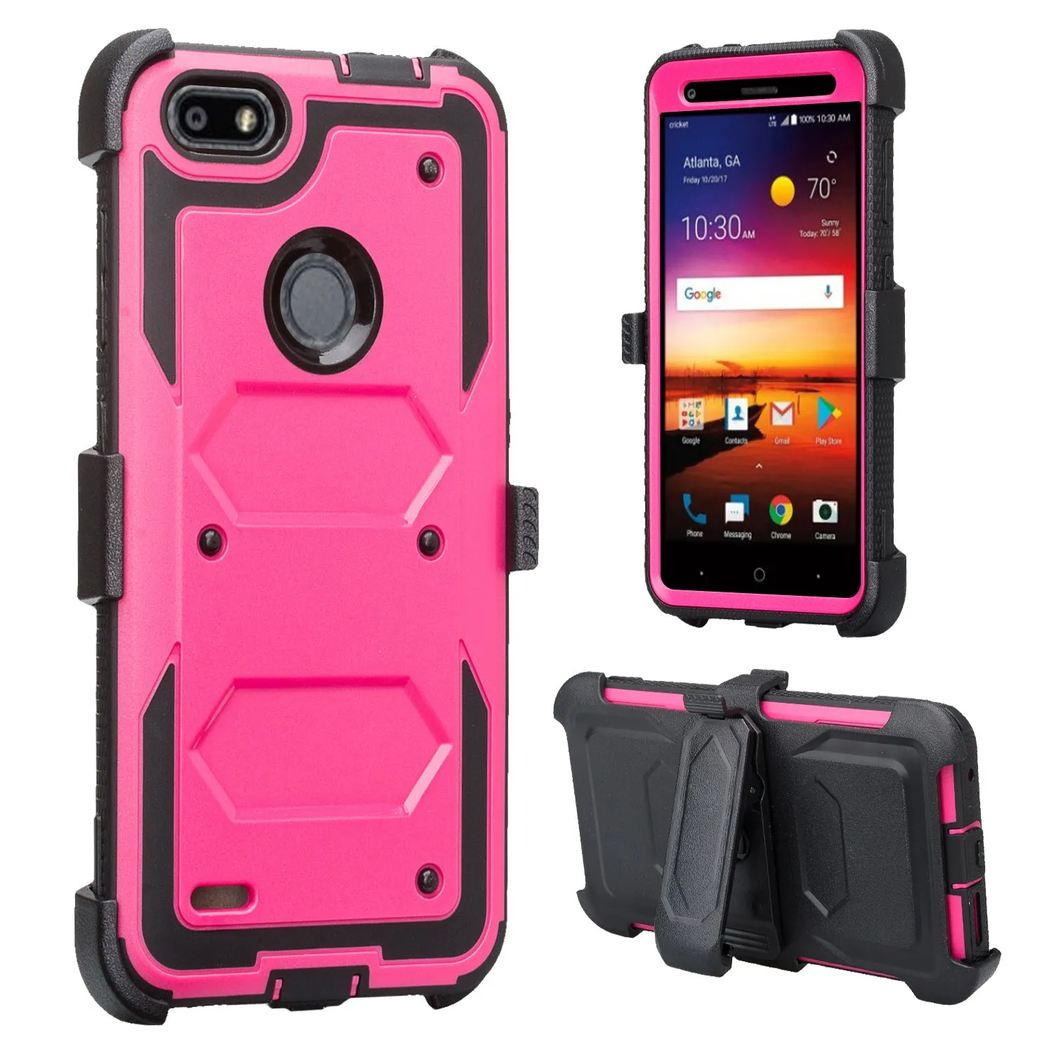 ZTE Blade Force Case, ZTE N9517 Case, Triple Protection 3-1 w/ Built in Screen Protector Heavy Duty Holster Shell Combo Case Cover - Hot Pink