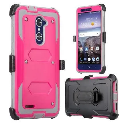 ZTE Z Max Pro Case, Blade X Max, ZTE Carry, ZTE Grand X Max 2 Case, Imperial Max Case [Built-in Screen Protector] Heavy Duty Belt Clip Holster / Rugged Triple Layer Protection - Hot Pink